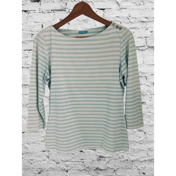 J. McLaughlin Tops - J. McLaughlin Top Crewneck Shoulder Buttons Tunic Green White Stripes Sweater SM